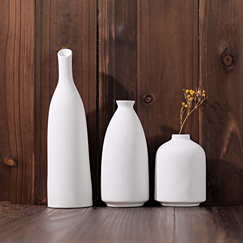 White Ceramic Vase for Decor, Small Flower Vases Set - 3 for Rustic Home Decor, Modern Farmhouse Decor, Living Room Decor, Book Shelf, Mantel and Minimalism Dining Coffee Table Decor