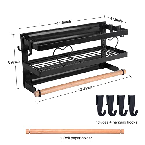 Graehn Magnetic Shelf for Refrigerator Paper Towel Holder Wall Mount Magnetic Spice Rack for Refrigerator Washing Machine Microwave Oven Organizer for Kitchen 4 Hooks (Black)