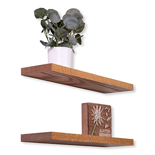 DAKODA LOVE Solid Oak Hardwood Floating Shelves | Designer Woodshop Value Line | Easy Install One Piece Brackets | Set of 2 (Honey, 24" L x 6" D)