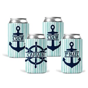 the navy knot personalized can cooler sleeves - regular cans beverage foldable cooler sleeves, sweat-proof can huggers for 12oz beverage bottles, cool boat accessories, 4 pk (nautical captain & crew).