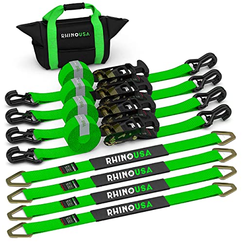 Rhino USA Ratchet Car Tie Down Straps - Heavy Duty 11,128lb Break Strength - Ultimate Trailer Tie Downs Straps for Truck, Cars & UTV - Towing Accessories with Axle Straps for Cargo Trailers