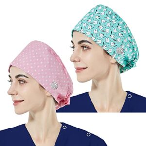 niaahinn 2pcs Adjustable Surgical Scrub Caps with Button & Sweatband Cotton Nursing Hair Caps with Tie Back for Men Women (22132-22133)