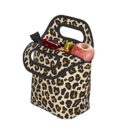 FUFUMALL Polyester Lunch Bags Thermal Insulated Lunch Box Tote with Zipper, Animal Leopard Print Brown Stylish Reusable Portable Lunchbox Food Container Picnic Bag Handbag for Outdoor Beach