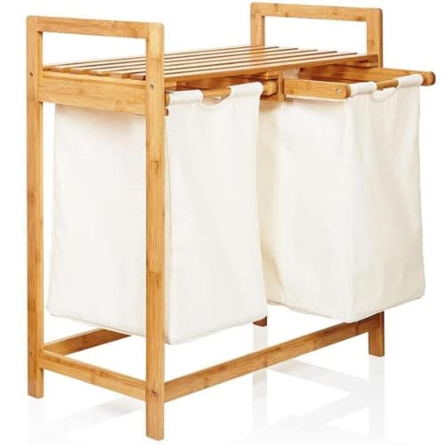 YOU SUPERIOR Bamboo Laundry Hamper With Dual Compartments Wooden Bamboo Laundry Organizer Cabinet For Bathroom, Beige