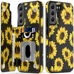 leto galaxy s22 case,flip folio leather wallet case cover with fashion flower designs for girls women,with card slots kickstand phone case for samsung galaxy s22 6.1" blooming sunflowers