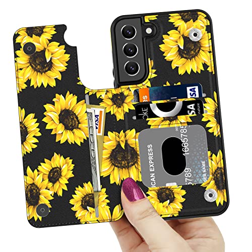 LETO Galaxy S22 Case,Flip Folio Leather Wallet Case Cover with Fashion Flower Designs for Girls Women,with Card Slots Kickstand Phone Case for Samsung Galaxy S22 6.1" Blooming Sunflowers