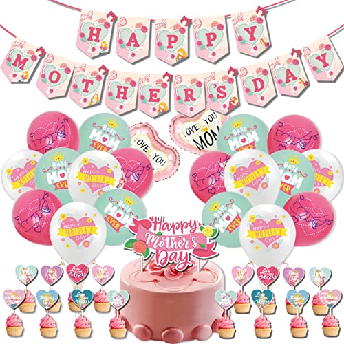 Meetall 41pcs Mother’s Day Decoration Set Happy Mother’s Day Banner Best Mum Ever Mum I Love You Balloons and Cake Toppers Creative Gift and Idea All in Party Supplies.