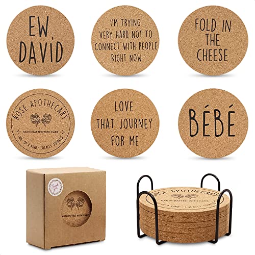 Cork Coasters for Coffee Table - 6 Pcs Funny Coasters for Adults Bar Coasters for Drinks Ideal for Birthday Wedding Gift Ideas for Schitts Creek Fans - New Home Beer Coasters for Drinks Absorbent Cork