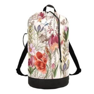 vigtro spring flower plant large heavy duty laundry backpack hamper with shoulder strips and drawstring, nylon waterproof laundry bag durable for dorm laundromat travel