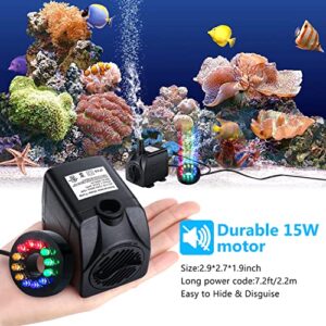 CWKJ Fountain Pump with LED Lights, 220GPH(15W 900L/H) Submersible Water Pump, Durable Outdoor Fountain Water Pump with 6.5ft Tubing (ID x 1/3-Inch), 3 Nozzles for Aquarium, Pond, Fish Tank