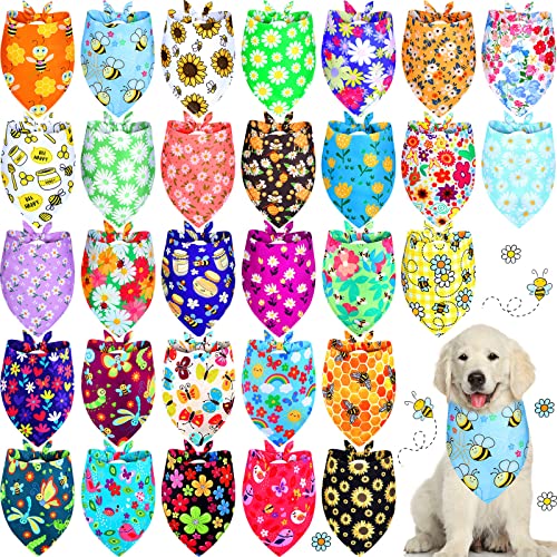 30 Pack Spring Summer Flower Dog Bandanas Bulk Soft Triangle Dog Scarfs Polyester Bandana PET Costume Cute Triangle Scarf Bibs with Flowers Patterns for Small Medium Large Pets