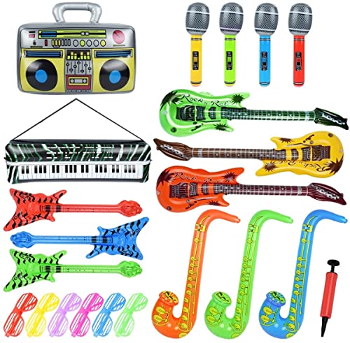 Pulchra Inflatable Instruments Set 22Pcs, Inflatable Guitar for Kids, Fun Musical Instruments Accessories Inflatable Props for Birthday Party Favors Decoration Photo Booth, with Air Pump