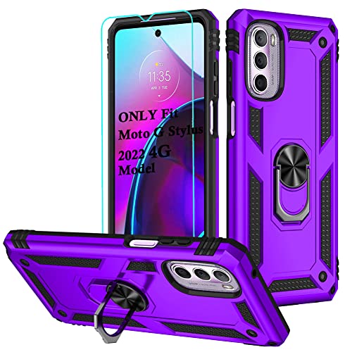 Androgate Moto G Stylus 2022 4G Case - Military-Grade Metal Ring Kickstand, 15ft Drop Tested, Shockproof with HD Screen Protector, Purple