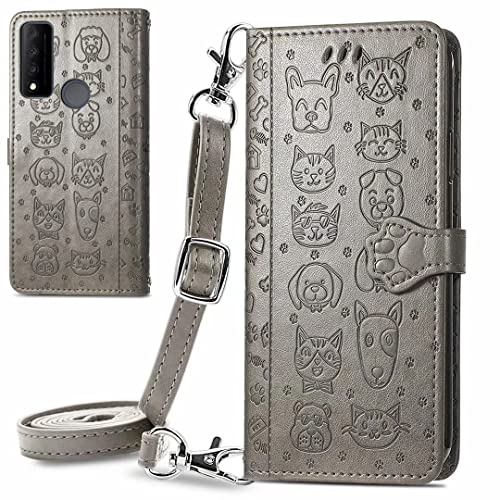 Futanwei Crossbody Lanyard Case for TCL 30 V 5G, TCL 30 V 5G Flip Case with Crossbody Strap Lanyard, [Magnetic Closure] Cute Cat & Dog Pattern Women's Wallet Case Cover with Card Holder, Grey