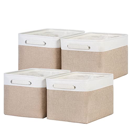 Araierd Storage Baskets for Organizing, Fabric Closet Baskets,Foldable Decorative Baskets for Organizing(15" x 11" x 9.5" -Pack of 4)(White & Khaki)