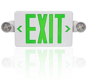 exit sign and emergency lights combo, double face green emergency exit light, 2 adjustable head lights and 90min long backup battery, abs fire safety (ul certified 120-277v)(ul 94v-0) (1pack)