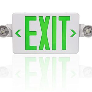 Exit Sign and Emergency Lights Combo, Double Face Green Emergency Exit Light, 2 Adjustable Head Lights and 90min Long Backup Battery, ABS Fire Safety (UL Certified 120-277V)(UL 94V-0) (1pack)