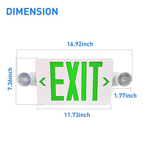 Exit Sign and Emergency Lights Combo, Double Face Green Emergency Exit Light, 2 Adjustable Head Lights and 90min Long Backup Battery, ABS Fire Safety (UL Certified 120-277V)(UL 94V-0) (1pack)