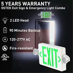 Exit Sign and Emergency Lights Combo, Double Face Green Emergency Exit Light, 2 Adjustable Head Lights and 90min Long Backup Battery, ABS Fire Safety (UL Certified 120-277V)(UL 94V-0) (1pack)