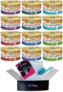 fancy feast gravy lovers bundle, 2 turkey, 2 ocean whitefish, 2 salmon & sole, 2 beef, 2 salmon feast , & 2 chicken & beef. each can is total of 12 cans and mouse toy., 3 ounce (pack of 12)