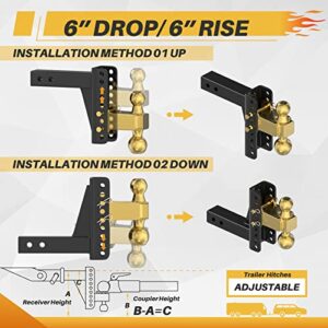 CROSSHIP Adjustable Trailer Hitch Ball Mount - Fits 2'' Receiver, 6Inch Drop/Rise Drop Hitch with 2'' & 2-5/16'' Solid Dual Balls 25,000 lbs Capacity- Tow Hitch for Heavy Duty Truck with Double Pins