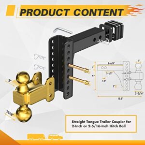 CROSSHIP Adjustable Trailer Hitch Ball Mount - Fits 2'' Receiver, 6Inch Drop/Rise Drop Hitch with 2'' & 2-5/16'' Solid Dual Balls 25,000 lbs Capacity- Tow Hitch for Heavy Duty Truck with Double Pins