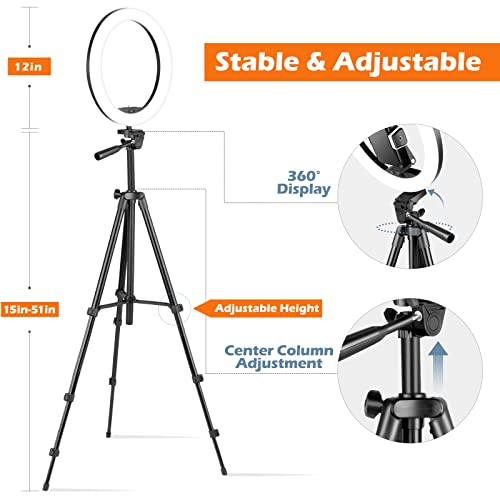 Sensyne 12'' Ring Light with Tripod Stand, LED Selfie Ring Light with Stand and Phone Holder for Photography/Recording/YouTube/TikTok, Compatible with All Cell Phones/Cameras