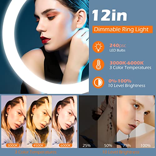 Sensyne 12'' Ring Light with Tripod Stand, LED Selfie Ring Light with Stand and Phone Holder for Photography/Recording/YouTube/TikTok, Compatible with All Cell Phones/Cameras