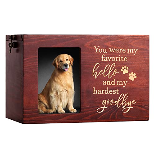 Pet Memorial Urns for Dog or Cat Ashes, Large Wooden Funeral Cremation Urns with Photo Frame, Memorial Keepsake Memory Box with Black Flannel as Lining, Loss Pet Memorial Remembrance Gift