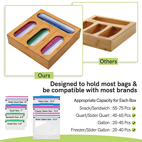 Bamboo Ziplock Bag Organizer for Drawer, BreeRainz Zip Lock Sandwich Bag Organizer, Food Storage Bag Organizer Combo for Quart Slider Gallon Snack Sizes