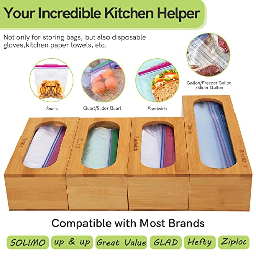 Bamboo Ziplock Bag Organizer for Drawer, BreeRainz Zip Lock Sandwich Bag Organizer, Food Storage Bag Organizer Combo for Quart Slider Gallon Snack Sizes