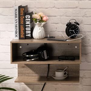 ALIMORDEN Floating Nightstand with USB Ports, Wall Mount Shelf with Drawer Storage, Industrial Bedside Table for Bedroom, Weathered Oak