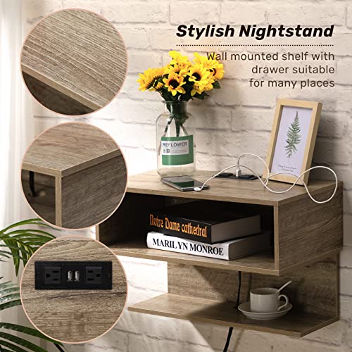 ALIMORDEN Floating Nightstand with USB Ports, Wall Mount Shelf with Drawer Storage, Industrial Bedside Table for Bedroom, Weathered Oak