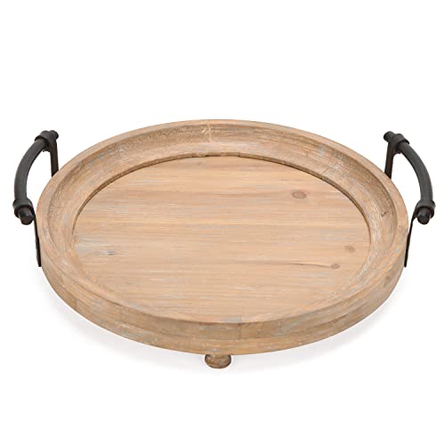 NIKKY HOME Farmhouse Round Wood Decorative Tray, Distressed Candle Tray with Metal Handles, Centerpiece Decor for Coffee Bar, Kitchen Counter, Dining Room Table - Natural Wood