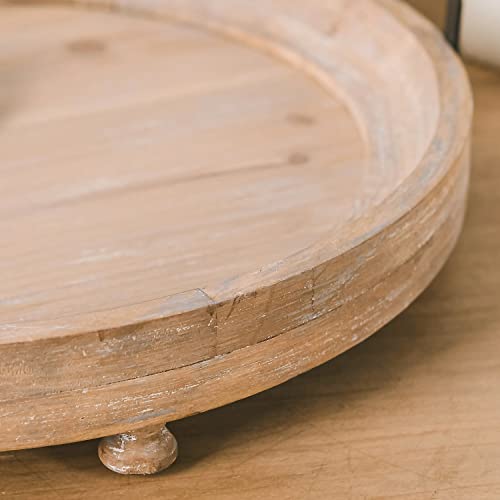 NIKKY HOME Farmhouse Round Wood Decorative Tray, Distressed Candle Tray with Metal Handles, Centerpiece Decor for Coffee Bar, Kitchen Counter, Dining Room Table - Natural Wood