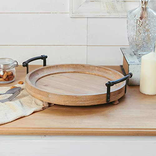 NIKKY HOME Farmhouse Round Wood Decorative Tray, Distressed Candle Tray with Metal Handles, Centerpiece Decor for Coffee Bar, Kitchen Counter, Dining Room Table - Natural Wood