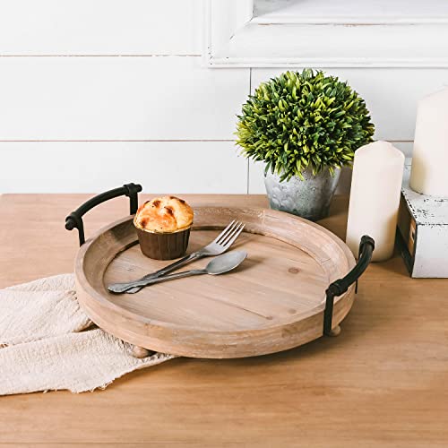 NIKKY HOME Farmhouse Round Wood Decorative Tray, Distressed Candle Tray with Metal Handles, Centerpiece Decor for Coffee Bar, Kitchen Counter, Dining Room Table - Natural Wood