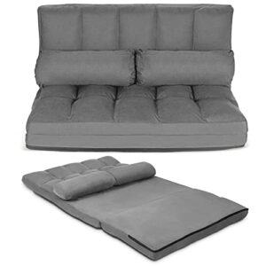 costway floor sofa couch with 2 pillows, foldable 6-position adjustable lazy sofa bed sleeper with metal frame, soft suede fabric, gaming playing lounge recliner for adults (grey)