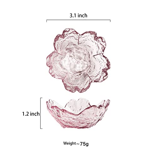 Halyuhn 6 Pack Mini Pink Bowls for Charcuterie Board, 3”Width Tiny Stackable Soy Sauce Dish, Clear Glass Flower Shaped Snack Dip Bowl Décor Side Dish with Wavy Edge Dessert Bowl Prep Seasoning Dish