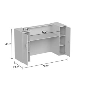 Homsee Modern Reception Desk Counter with 2 Lockable Doors & 6 Storage Compartments, Office Wooden Computer Desk with 2 Cabinets & Adjustable Shelves, White and Brown (70.9”L x 23.6”W x 43.3”H)