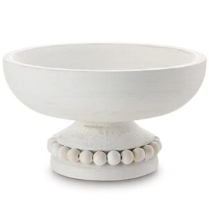 Amyhill Distressed Beaded Wood Pedestal Bowl Decorative Wooden Beaded Bowl White Wood Pedestal Bowl Beaded Serving Bowl for Farmhouse Kitchen Decor
