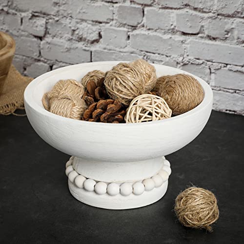 Amyhill Distressed Beaded Wood Pedestal Bowl Decorative Wooden Beaded Bowl White Wood Pedestal Bowl Beaded Serving Bowl for Farmhouse Kitchen Decor