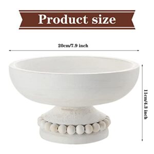 Amyhill Distressed Beaded Wood Pedestal Bowl Decorative Wooden Beaded Bowl White Wood Pedestal Bowl Beaded Serving Bowl for Farmhouse Kitchen Decor