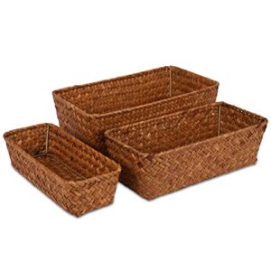 Woven Baskets for Storage,Set of 3 Storage Baskets For Shelves,Seagrass Basket,Pantry Basket Organizer,Woven Decorative Home Storage Bins,Baskets for Organizing,Gift for Family,(Caramel Color）