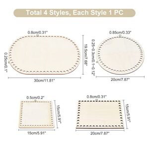 CHGCRAFT 4Pcs 4 Style Natural Wooden Basket Bottom Crocheting Rectangle Oval Flat Round Square Wood Base Bottom Shaper for Making Knitting Crochet Yarn Storage Bag