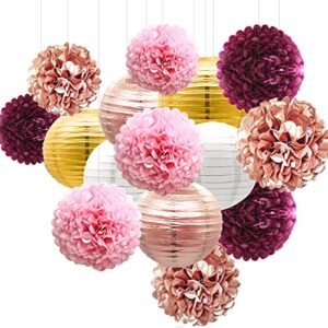 burgundy pink rose gold hanging party decorations, 15pcs tissue paper lanterns and paper pom poms flowers for graduation wedding birthday bridal shower