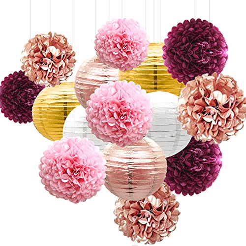 Burgundy Pink Rose Gold Hanging Party Decorations, 15Pcs Tissue Paper Lanterns and Paper Pom Poms Flowers for Graduation Wedding Birthday Bridal Shower