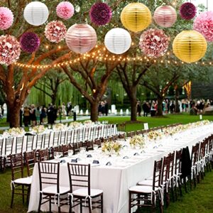 Burgundy Pink Rose Gold Hanging Party Decorations, 15Pcs Tissue Paper Lanterns and Paper Pom Poms Flowers for Graduation Wedding Birthday Bridal Shower