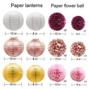 Burgundy Pink Rose Gold Hanging Party Decorations, 15Pcs Tissue Paper Lanterns and Paper Pom Poms Flowers for Graduation Wedding Birthday Bridal Shower