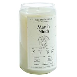 birthdate candles, march 9 - pisces zodiac scented candles birthday gift - jasmine, cedarwood & thyme scent - all-natural soy & coconut wax, 60-80 hour burn time - made in usa